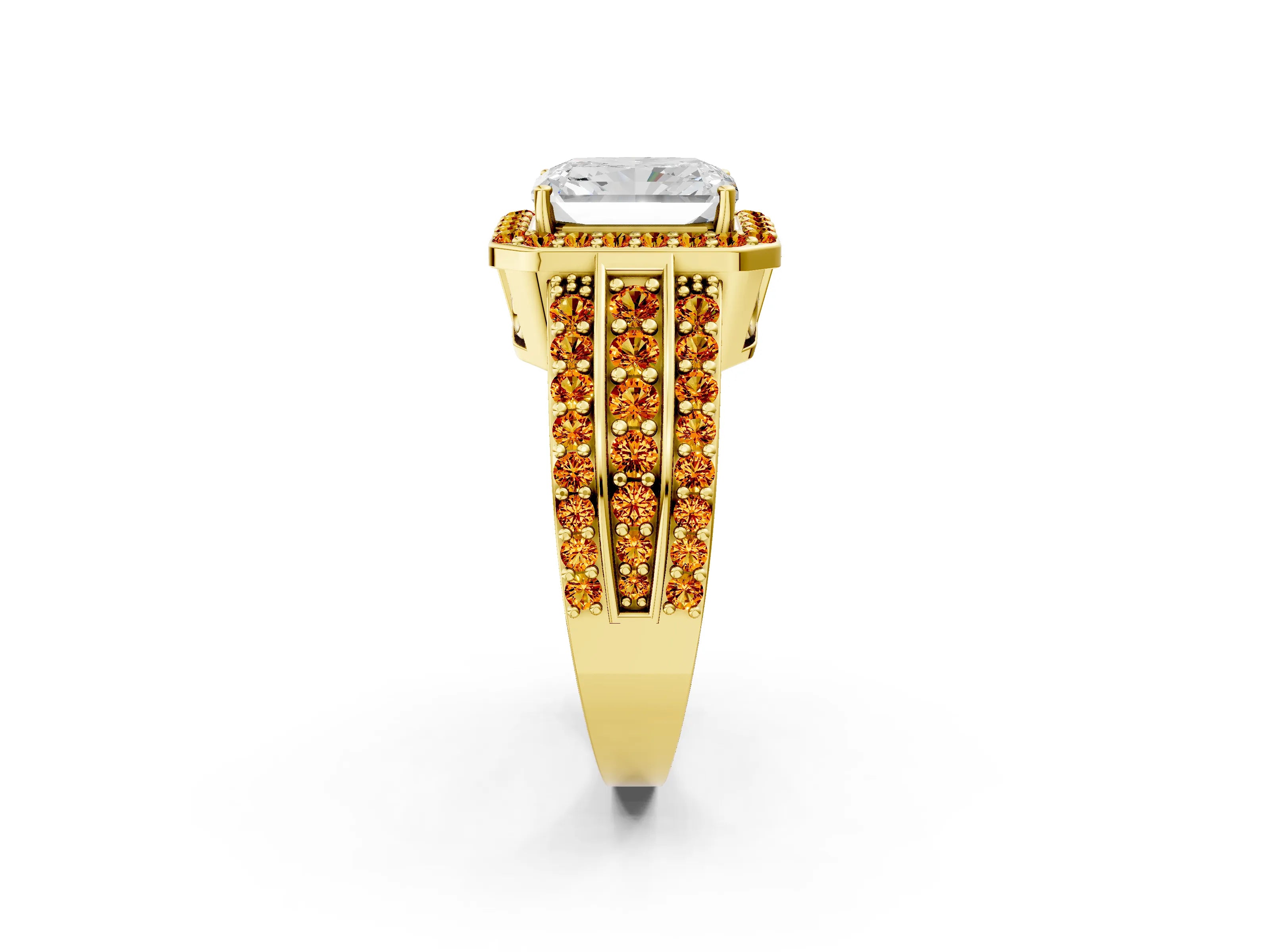 Yellow gold Radiant Cut Halo Diamond Ring with Round with Citrine side stone Split Shank and Prong Setting_2