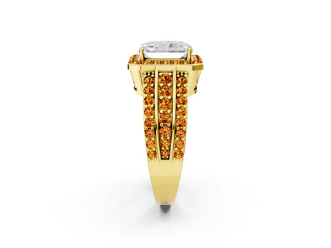 Yellow gold Radiant Cut Halo Diamond Ring with Round with Citrine side stone Split Shank and Prong Setting_2
