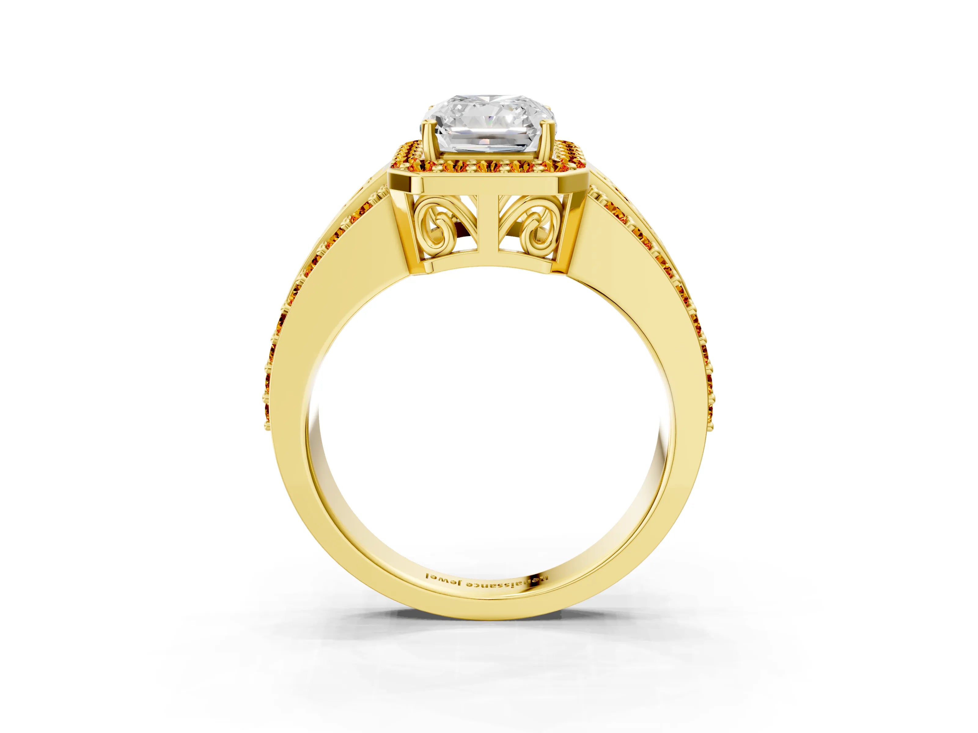 Yellow gold Radiant Cut Halo Diamond Ring with Round with Citrine side stone Split Shank and Prong Setting_3