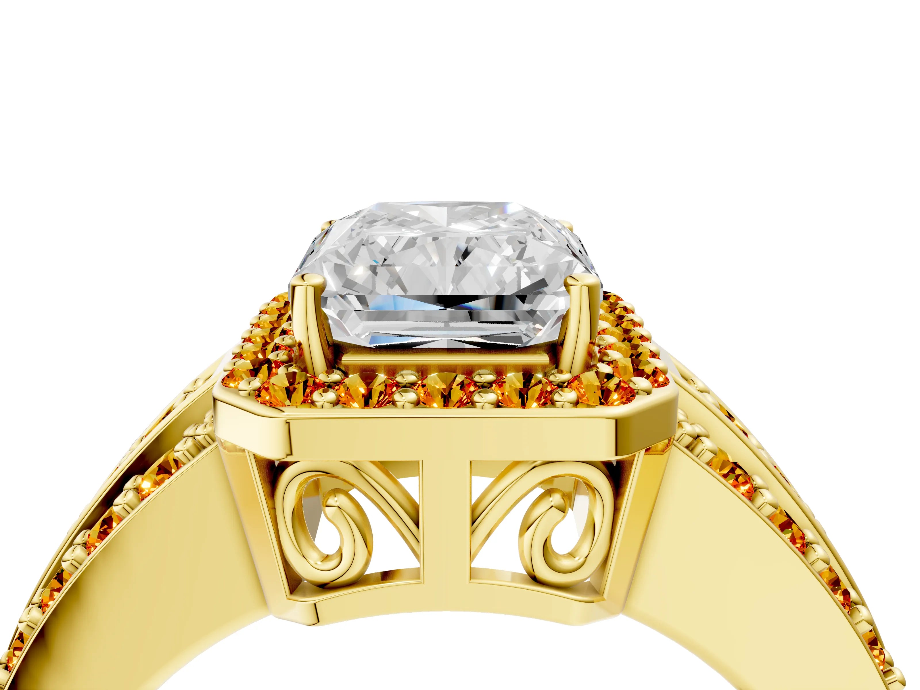 Yellow gold Radiant Cut Halo Diamond Ring with Round with Citrine side stone Split Shank and Prong Setting_4