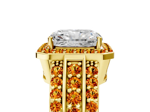 Yellow gold Radiant Cut Halo Diamond Ring with Round with Citrine side stone Split Shank and Prong Setting_5