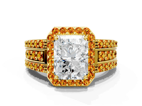 Yellow gold Radiant Cut Halo Diamond Ring with Round with Citrine side stone Split Shank and Prong Setting