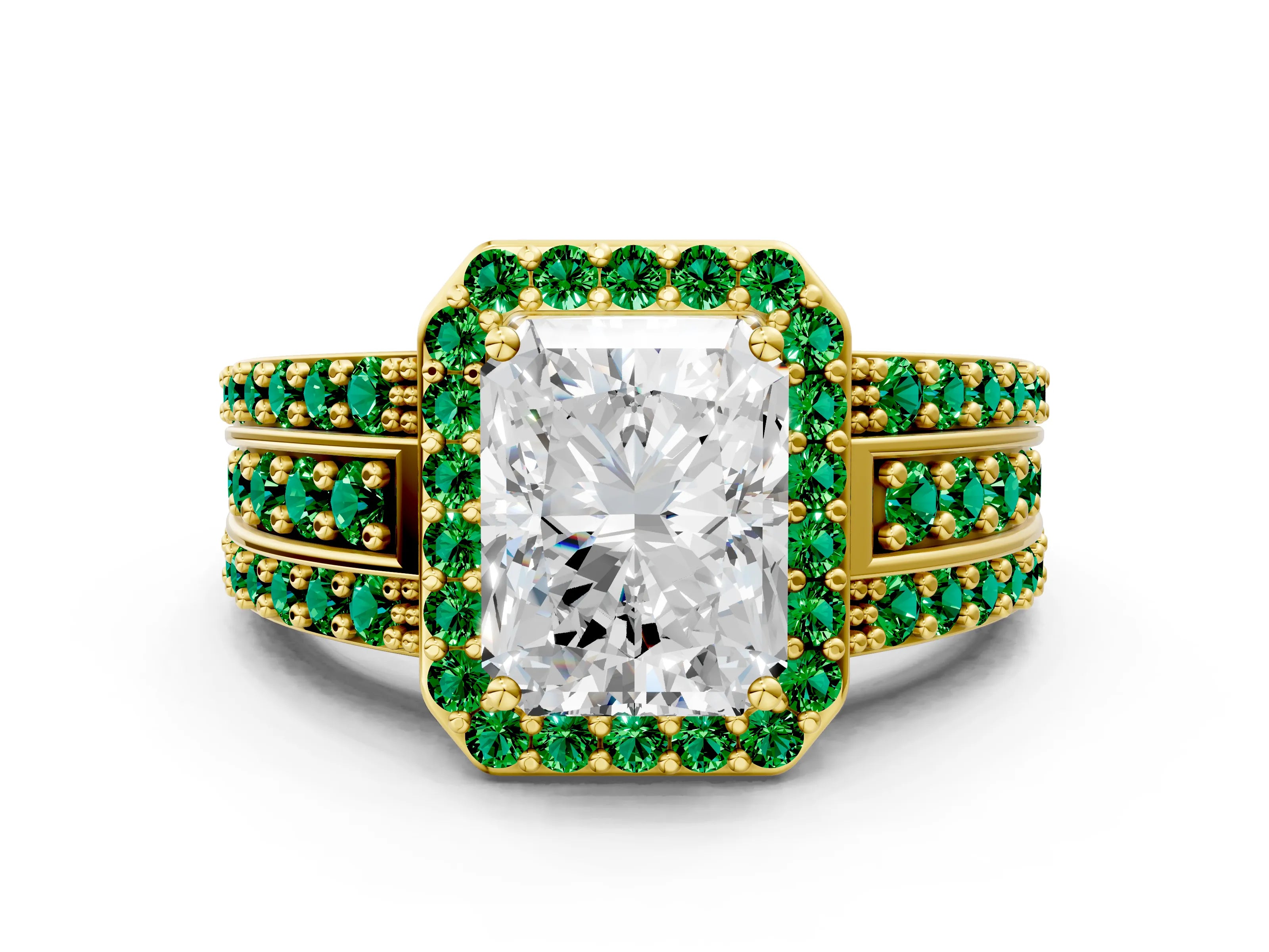 Yellow gold Radiant Cut Halo Diamond Ring with Round with Emerald side stone Split Shank and Prong Setting