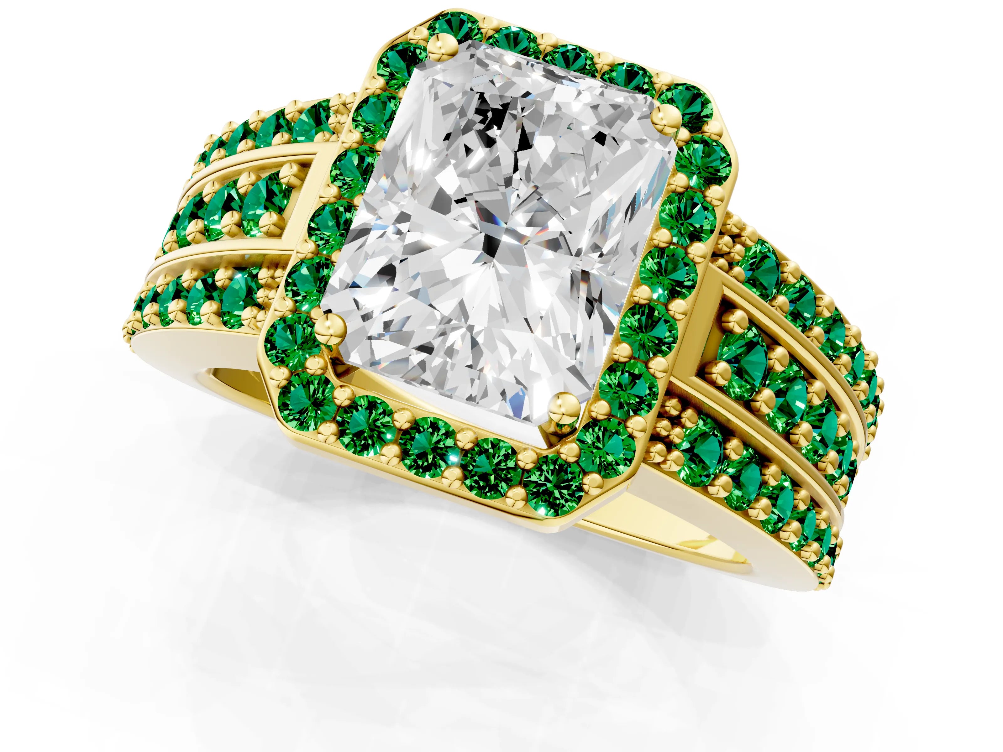 Yellow gold Radiant Cut Halo Diamond Ring with Round with Emerald side stone Split Shank and Prong Setting_1