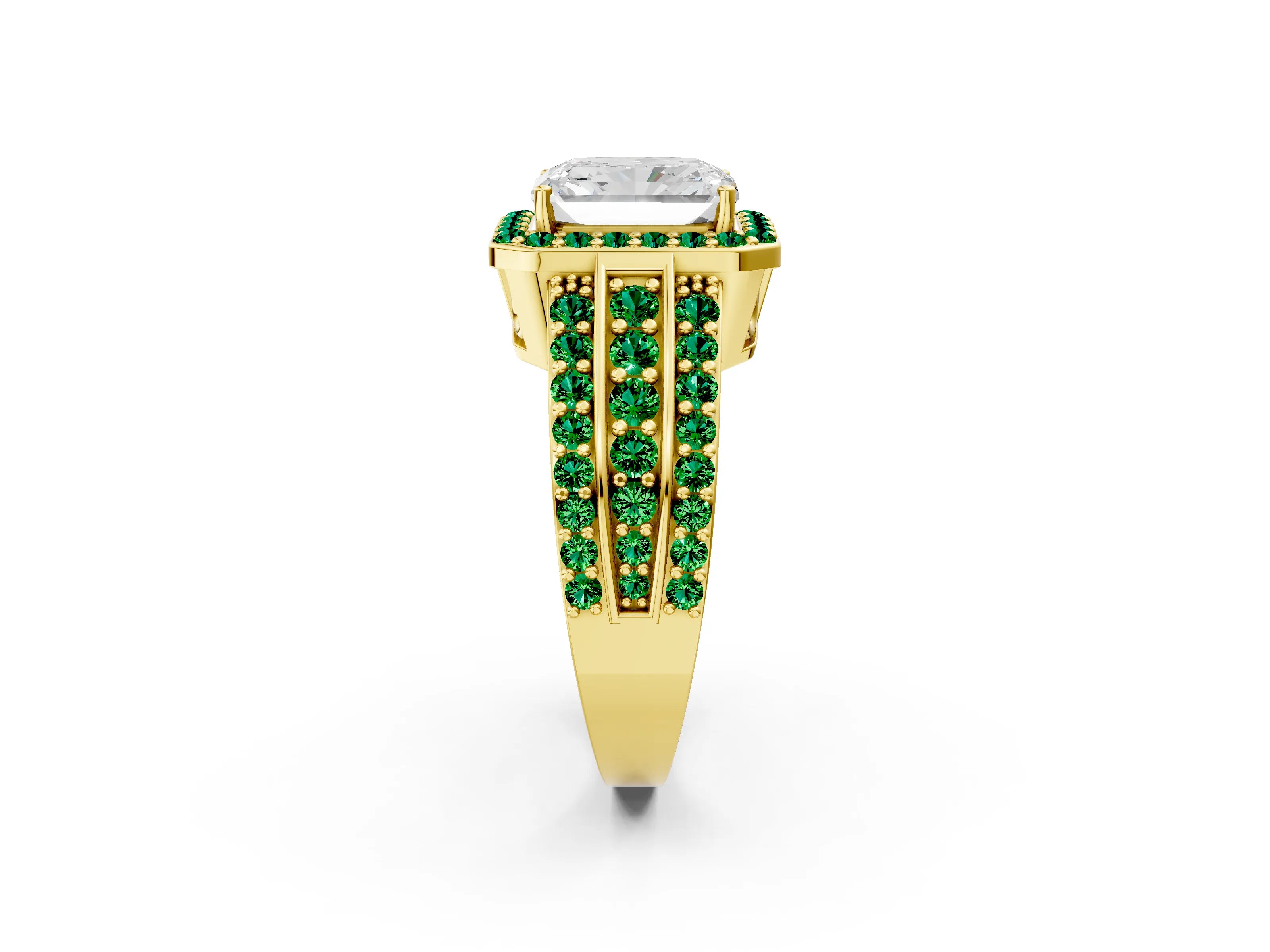 Yellow gold Radiant Cut Halo Diamond Ring with Round with Emerald side stone Split Shank and Prong Setting_2
