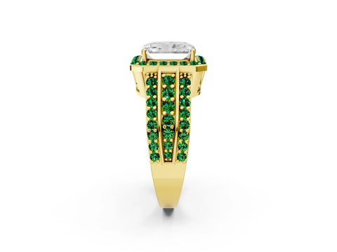 Yellow gold Radiant Cut Halo Diamond Ring with Round with Emerald side stone Split Shank and Prong Setting_2