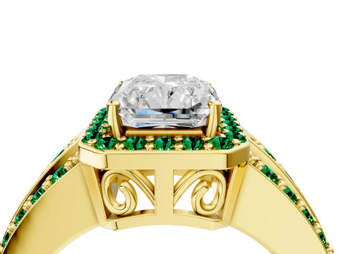 Yellow gold Radiant Cut Halo Diamond Ring with Round with Emerald side stone Split Shank and Prong Setting_4