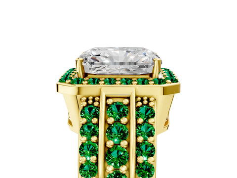 Yellow gold Radiant Cut Halo Diamond Ring with Round with Emerald side stone Split Shank and Prong Setting_5
