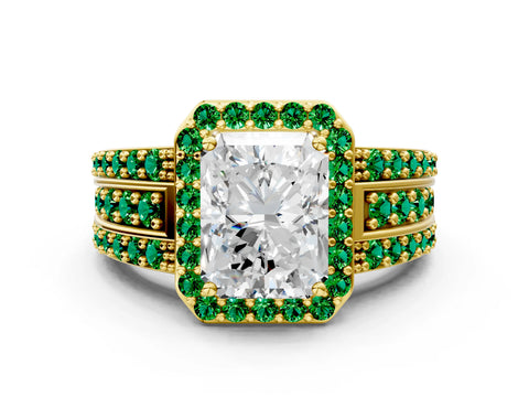 Yellow gold Radiant Cut Halo Diamond Ring with Round with Emerald side stone Split Shank and Prong Setting