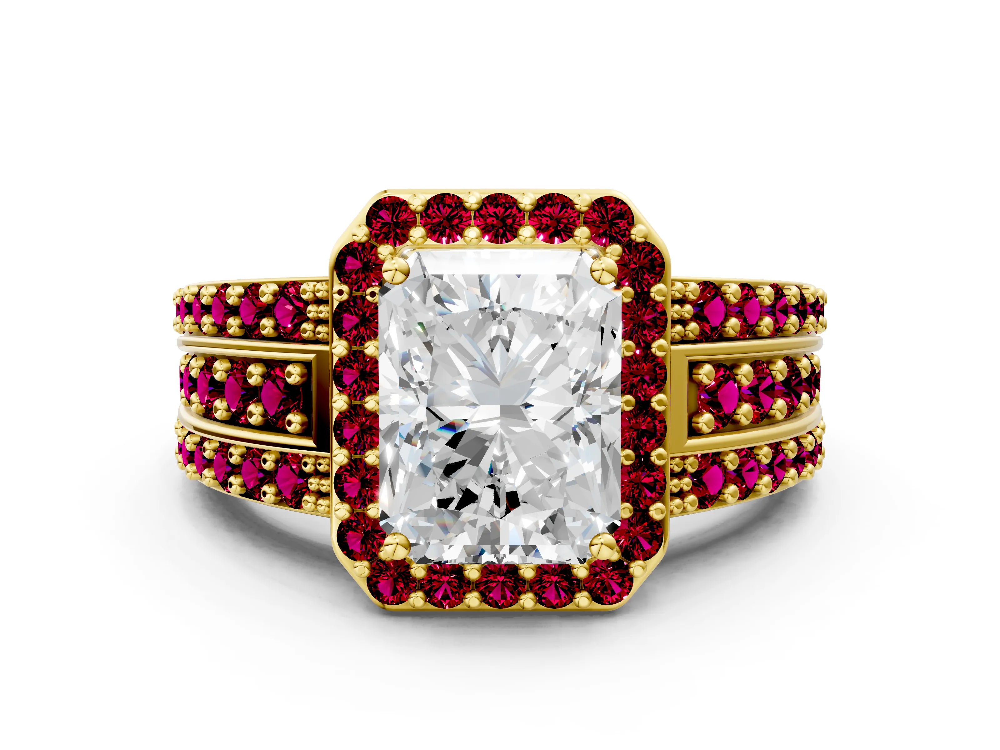 Yellow gold Radiant Cut Halo Diamond Ring with Round with Garnet side stone Split Shank and Prong Setting