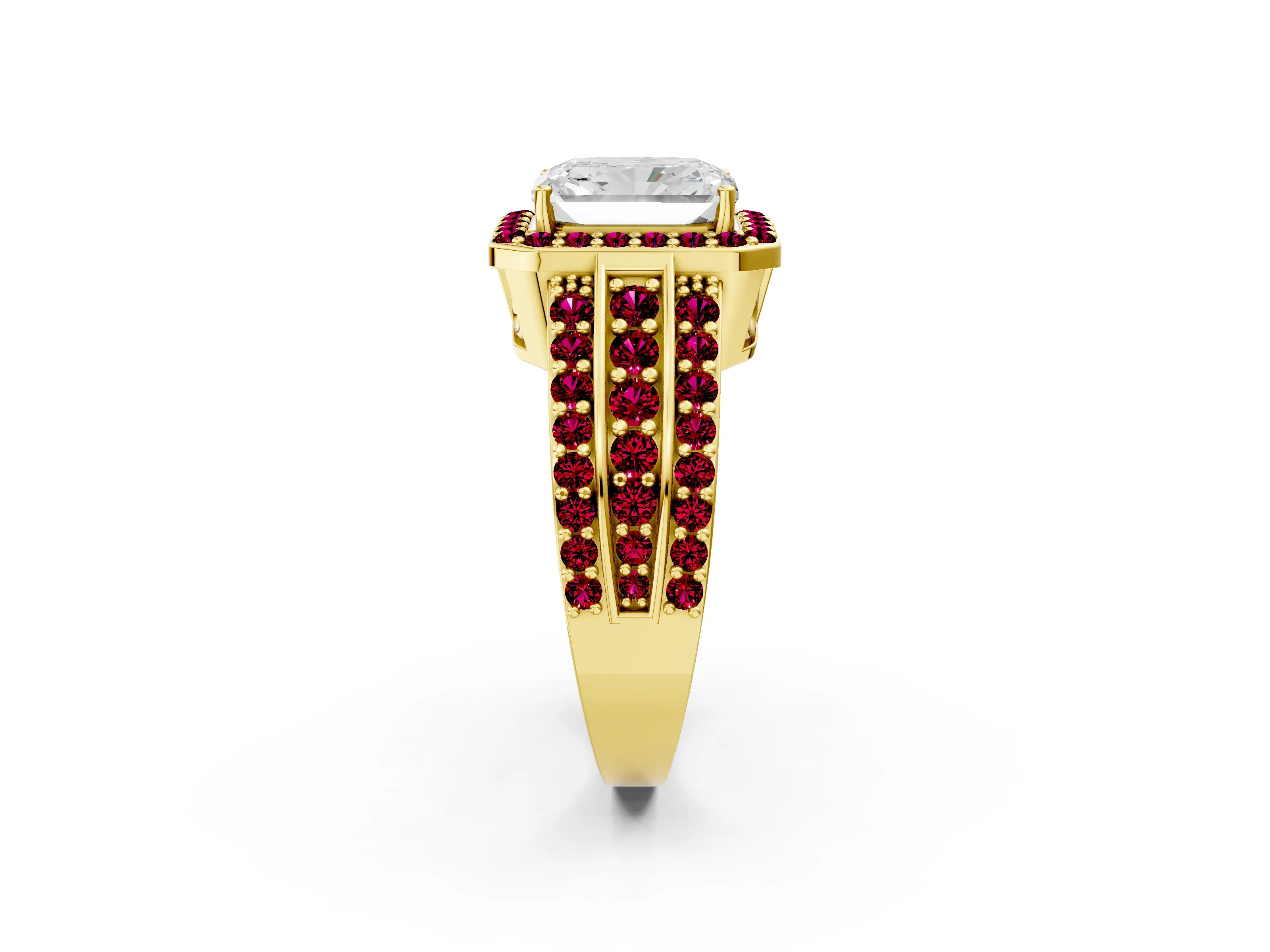 Yellow gold Radiant Cut Halo Diamond Ring with Round with Garnet side stone Split Shank and Prong Setting_2