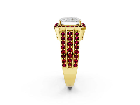 Yellow gold Radiant Cut Halo Diamond Ring with Round with Garnet side stone Split Shank and Prong Setting_2