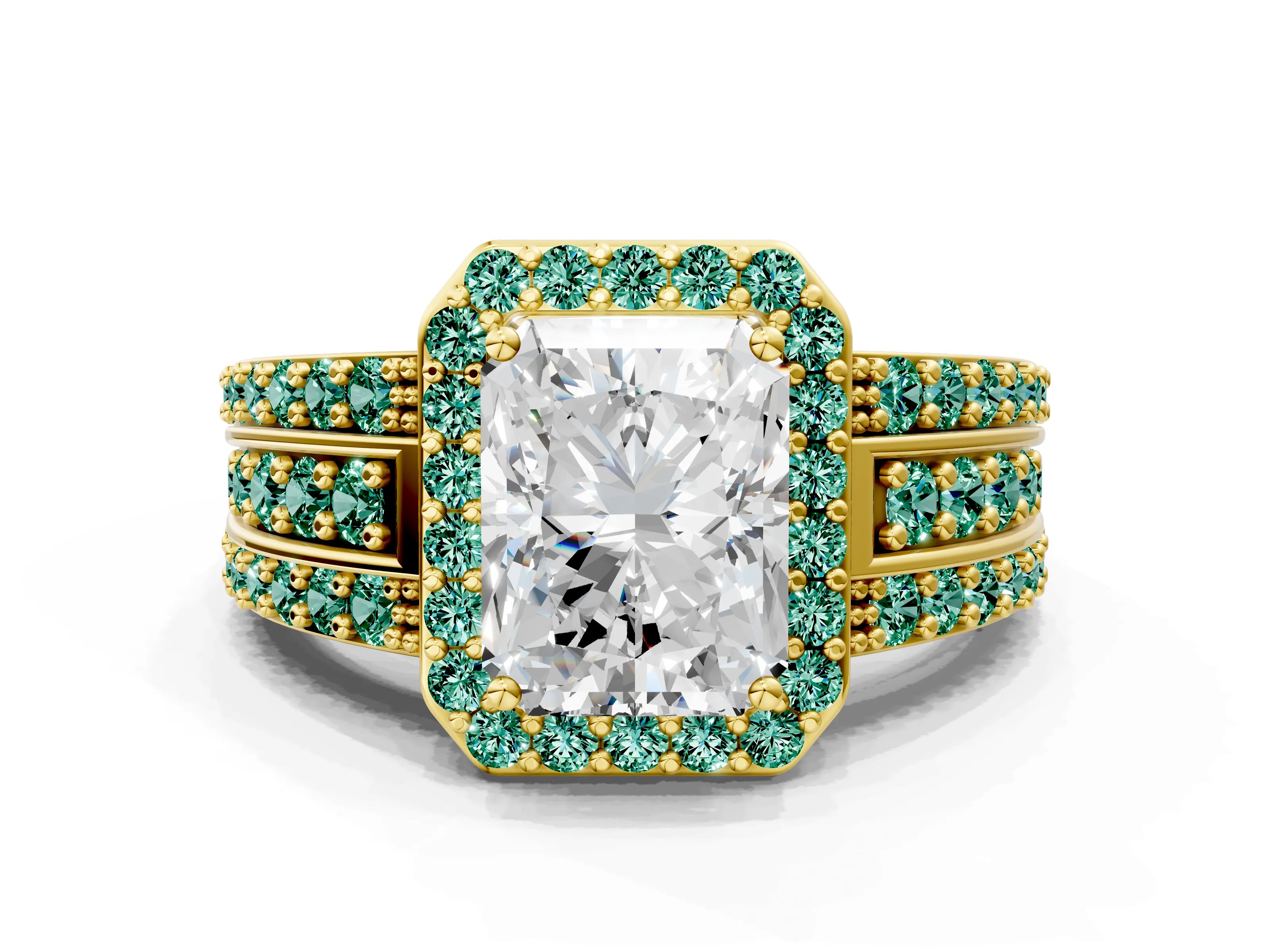 Yellow gold Radiant Cut Halo Diamond Ring with Round with Green Sapphire side stone Split Shank and Prong Setting