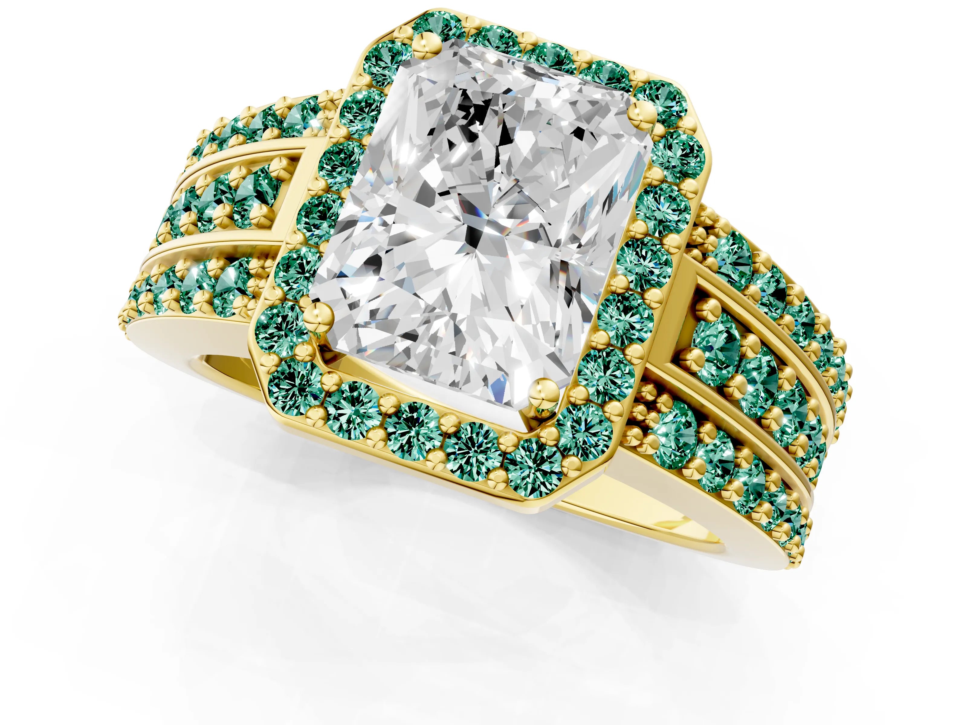 Yellow gold Radiant Cut Halo Diamond Ring with Round with Green Sapphire side stone Split Shank and Prong Setting_1