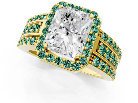 Yellow gold Radiant Cut Halo Diamond Ring with Round with Green Sapphire side stone Split Shank and Prong Setting_1
