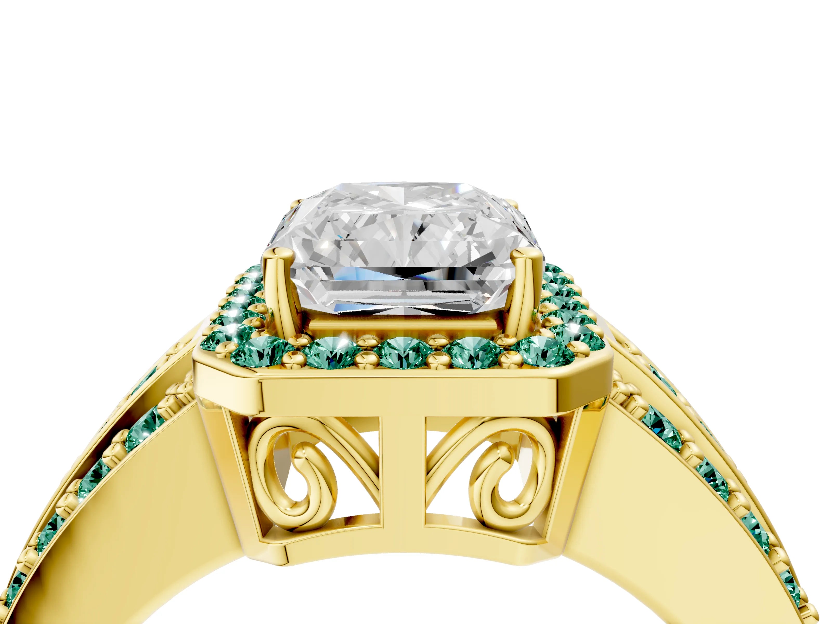 Yellow gold Radiant Cut Halo Diamond Ring with Round with Green Sapphire side stone Split Shank and Prong Setting_4