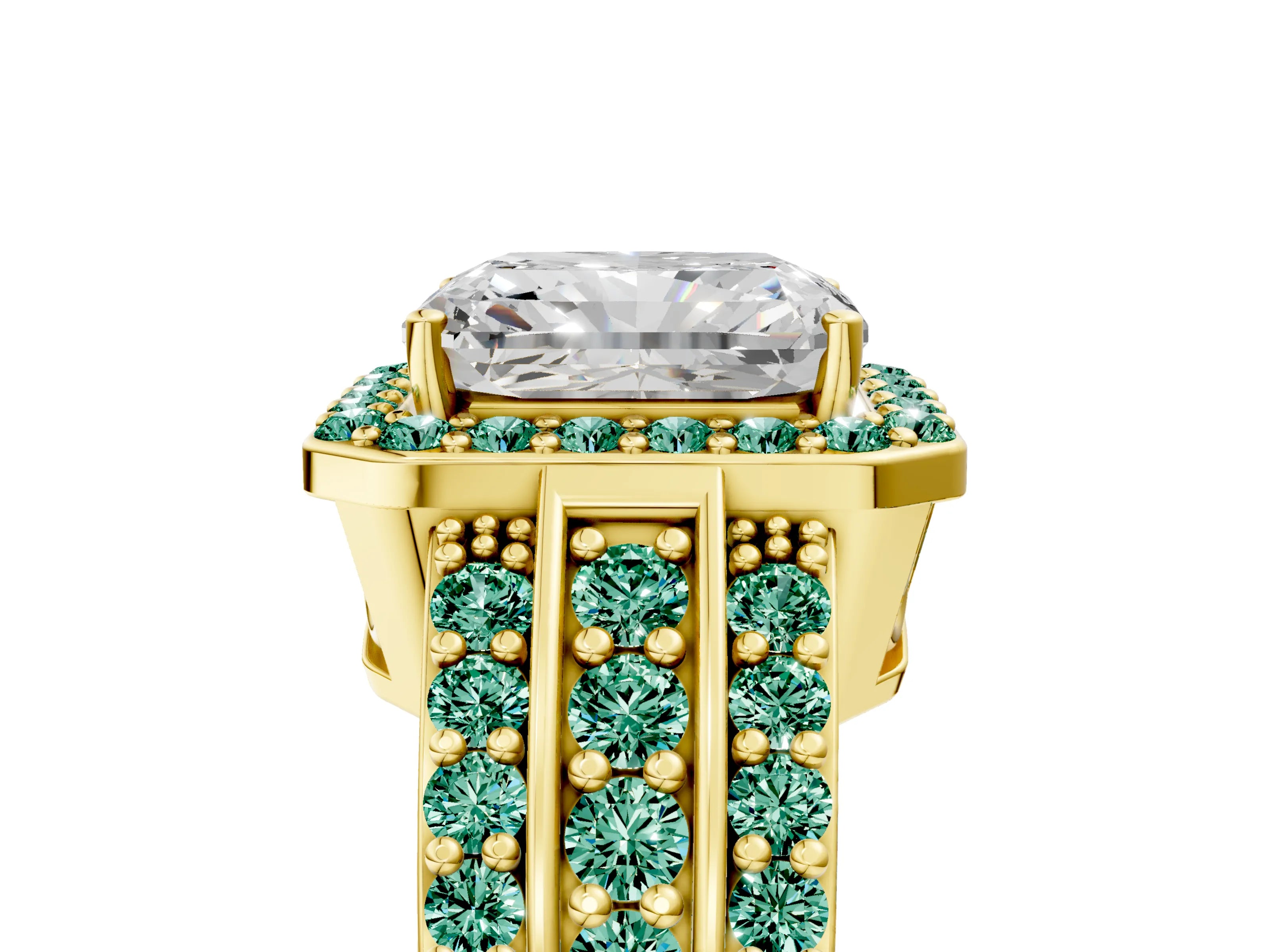 Yellow gold Radiant Cut Halo Diamond Ring with Round with Green Sapphire side stone Split Shank and Prong Setting_5