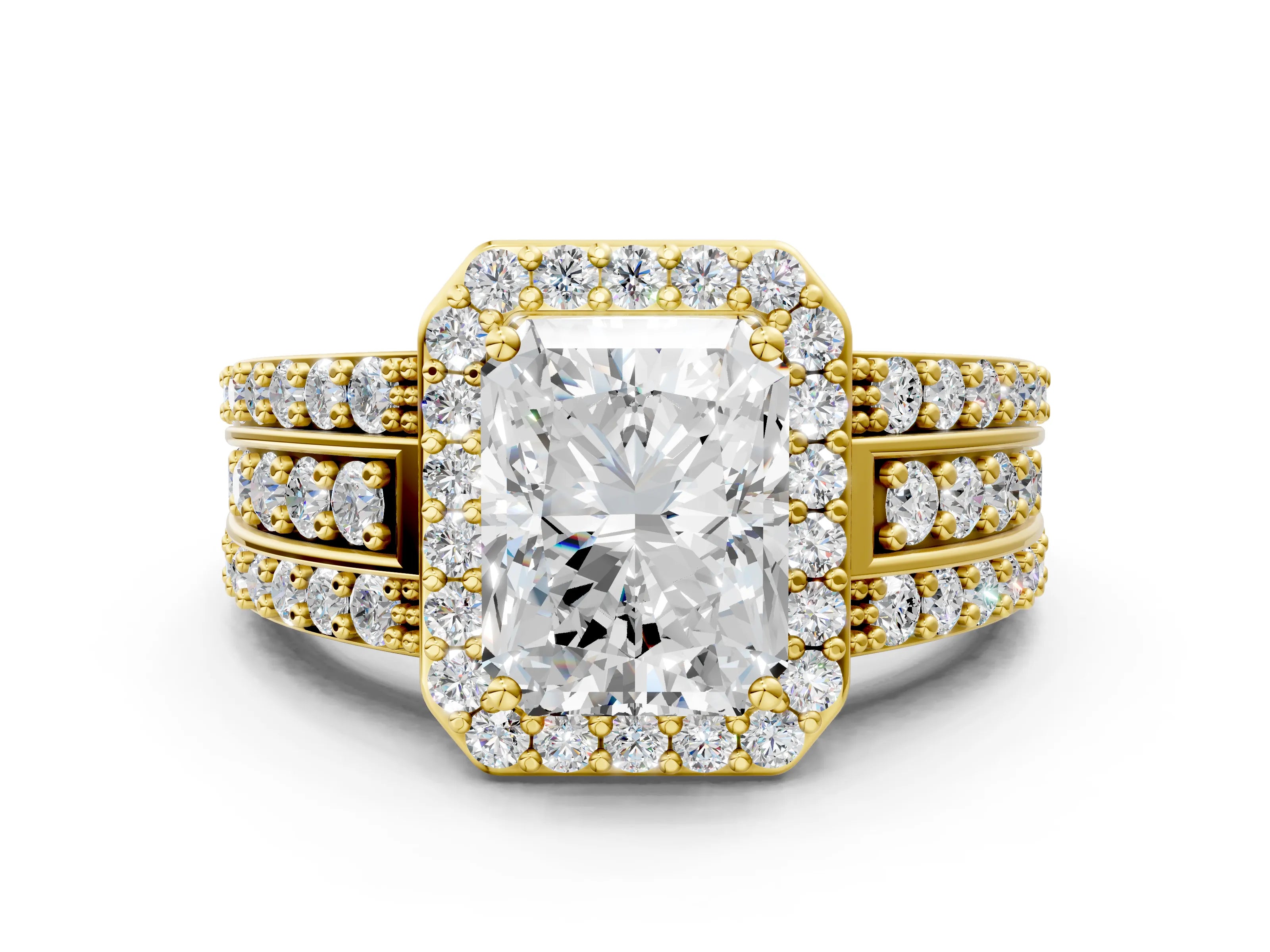 Yellow gold Radiant Cut Halo Diamond Ring with Round with Moissanite side stone Split Shank and Prong Setting