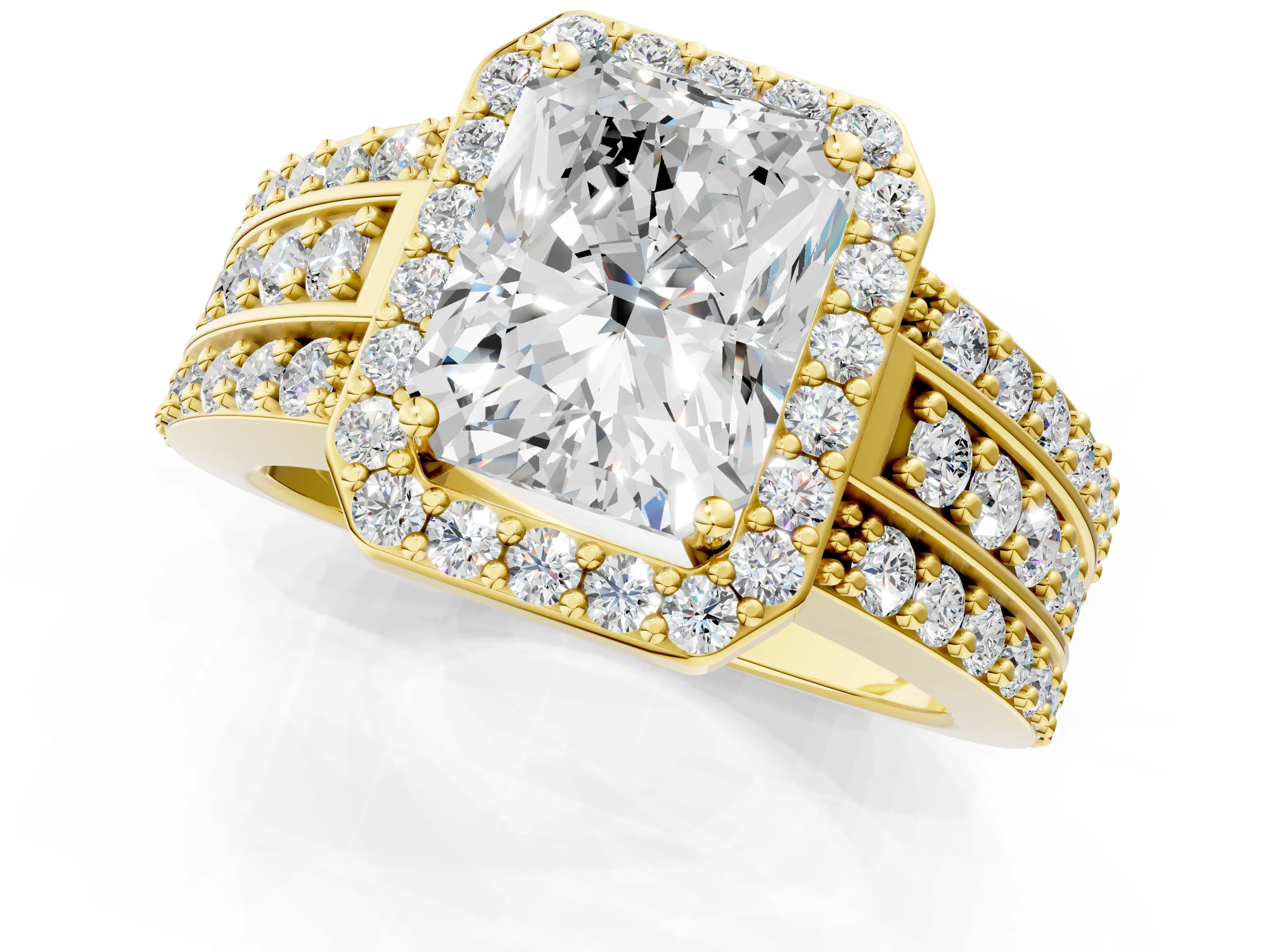 Yellow gold Radiant Cut Halo Diamond Ring with Round with Moissanite side stone Split Shank and Prong Setting_1