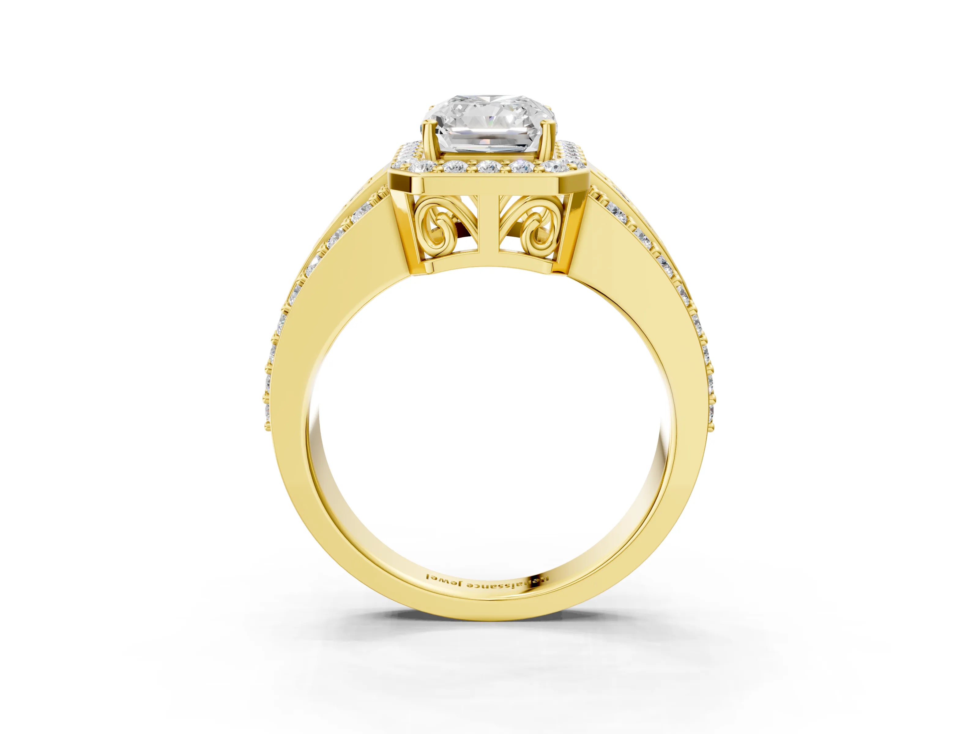 Yellow gold Radiant Cut Halo Diamond Ring with Round with Moissanite side stone Split Shank and Prong Setting_3