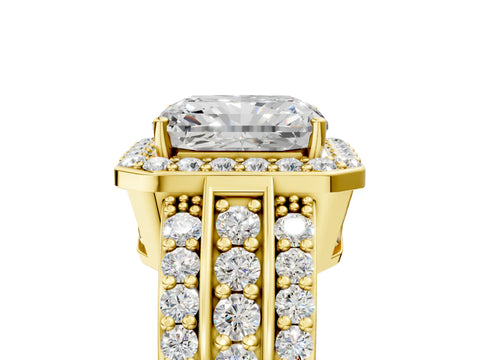 Yellow gold Radiant Cut Halo Diamond Ring with Round with Moissanite side stone Split Shank and Prong Setting_5