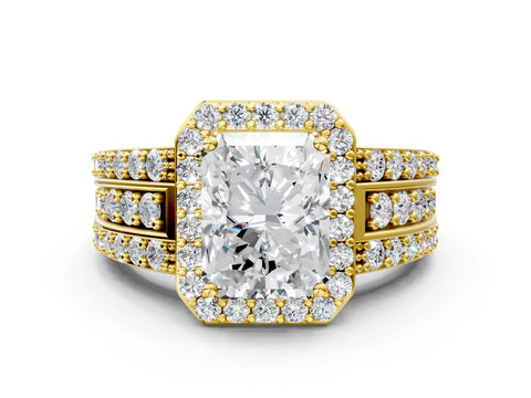 Yellow gold Radiant Cut Halo Diamond Ring with Round with Moissanite side stone Split Shank and Prong Setting