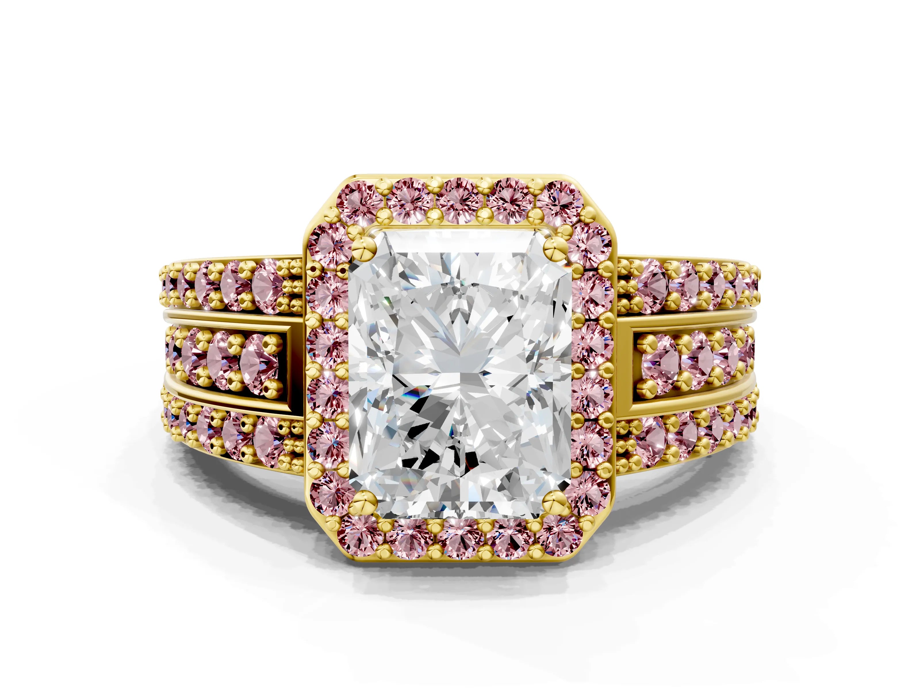Yellow gold Radiant Cut Halo Diamond Ring with Round with Morganite side stone Split Shank and Prong Setting