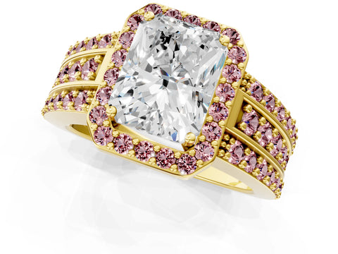 Yellow gold Radiant Cut Halo Diamond Ring with Round with Morganite side stone Split Shank and Prong Setting_1