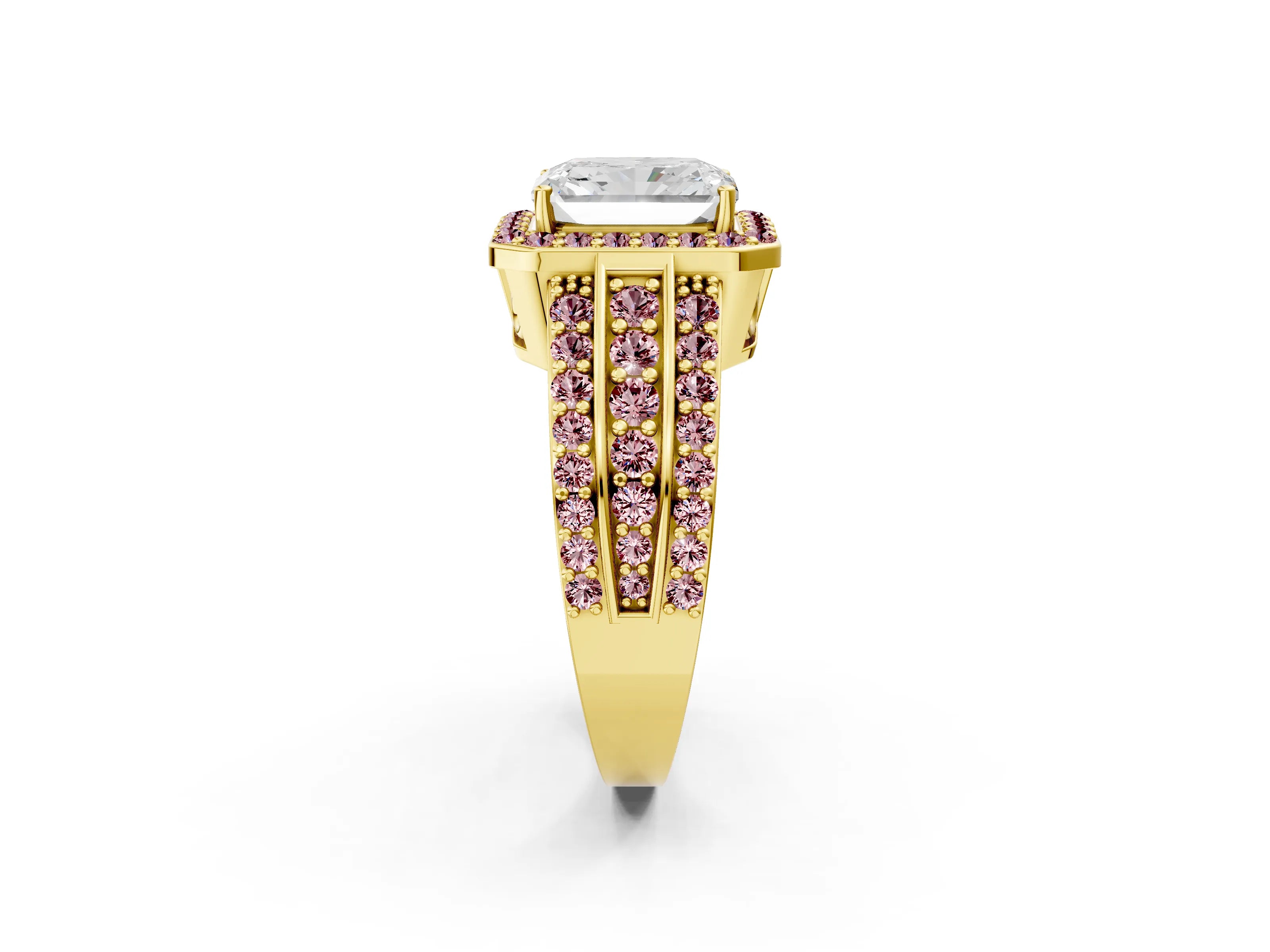 Yellow gold Radiant Cut Halo Diamond Ring with Round with Morganite side stone Split Shank and Prong Setting_2