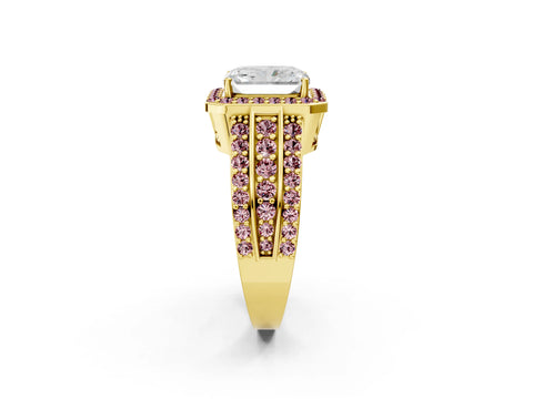 Yellow gold Radiant Cut Halo Diamond Ring with Round with Morganite side stone Split Shank and Prong Setting_2