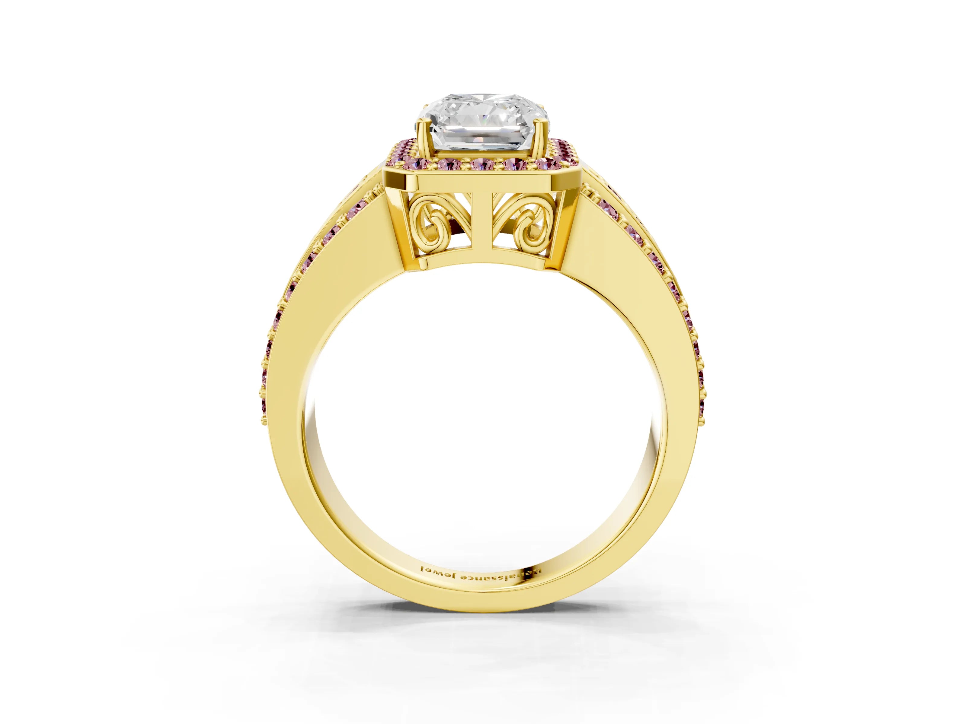 Yellow gold Radiant Cut Halo Diamond Ring with Round with Morganite side stone Split Shank and Prong Setting_3