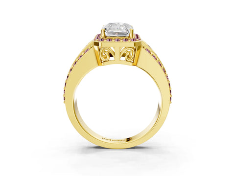 Yellow gold Radiant Cut Halo Diamond Ring with Round with Morganite side stone Split Shank and Prong Setting_3