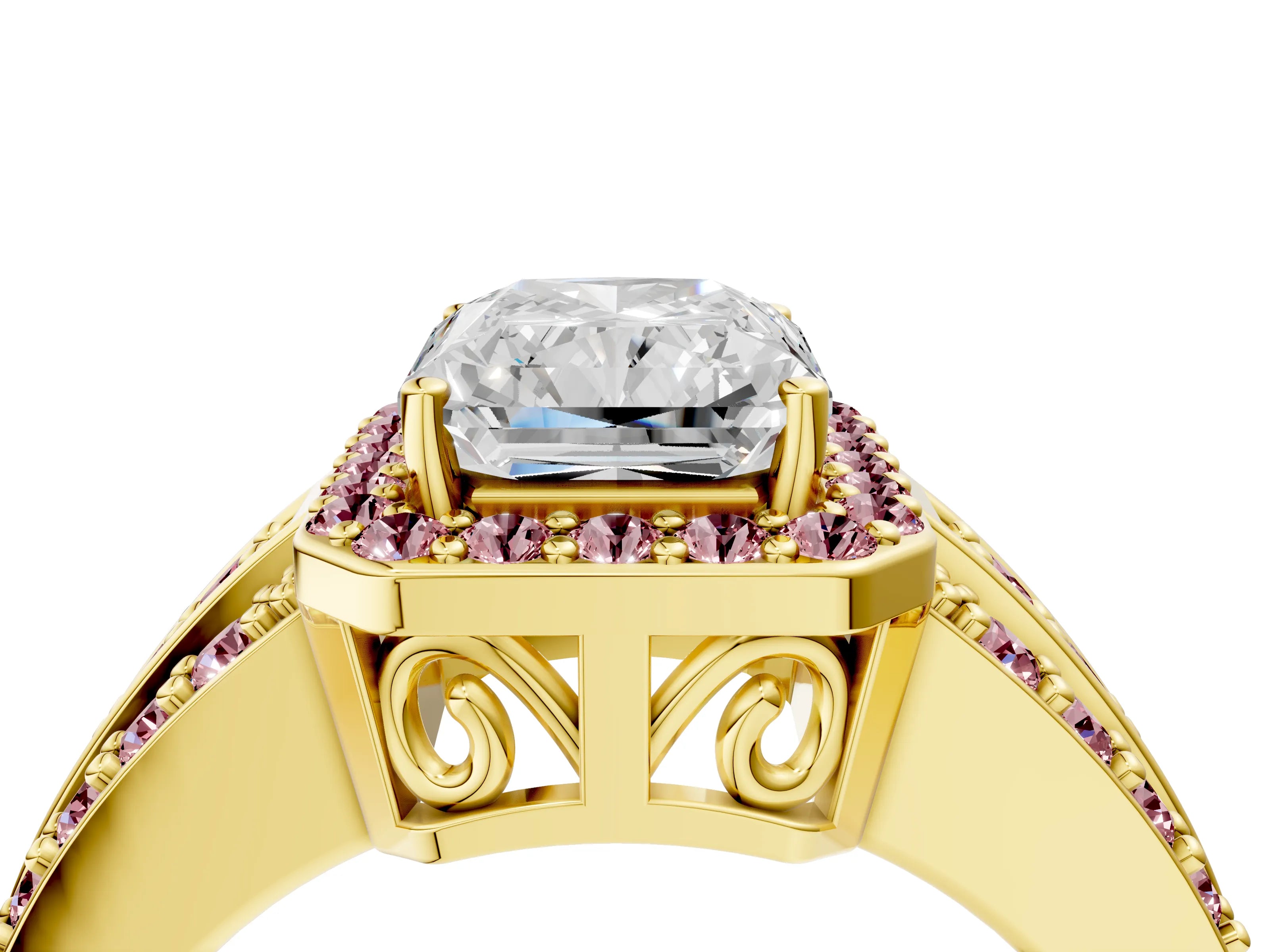 Yellow gold Radiant Cut Halo Diamond Ring with Round with Morganite side stone Split Shank and Prong Setting_4