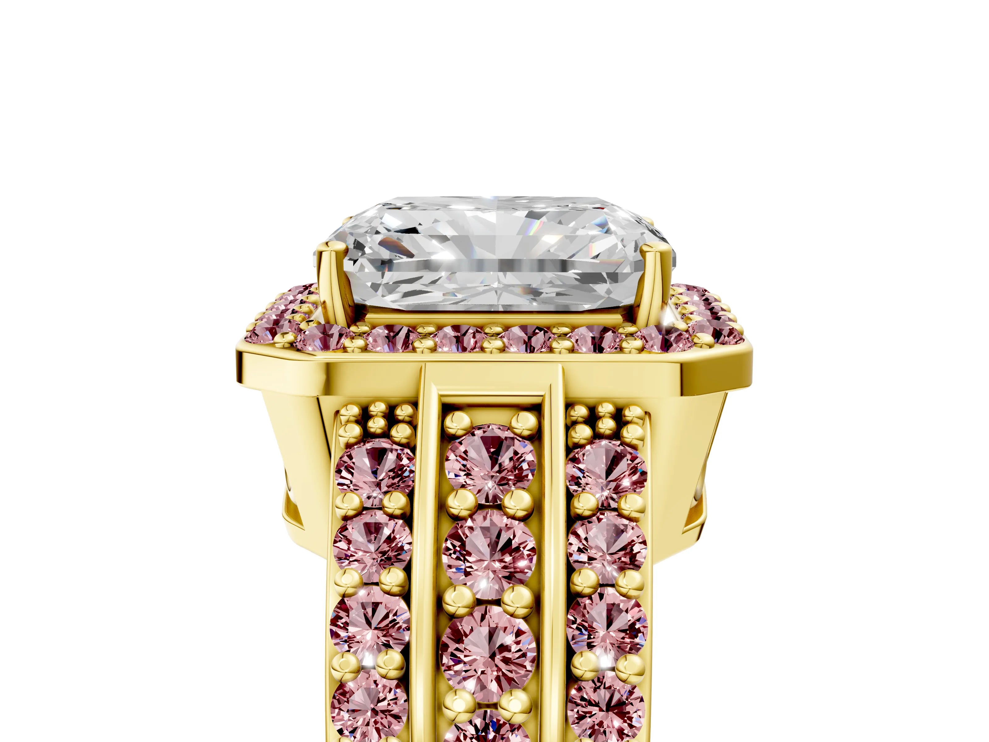Yellow gold Radiant Cut Halo Diamond Ring with Round with Morganite side stone Split Shank and Prong Setting_5