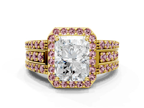 Yellow gold Radiant Cut Halo Diamond Ring with Round with Morganite side stone Split Shank and Prong Setting