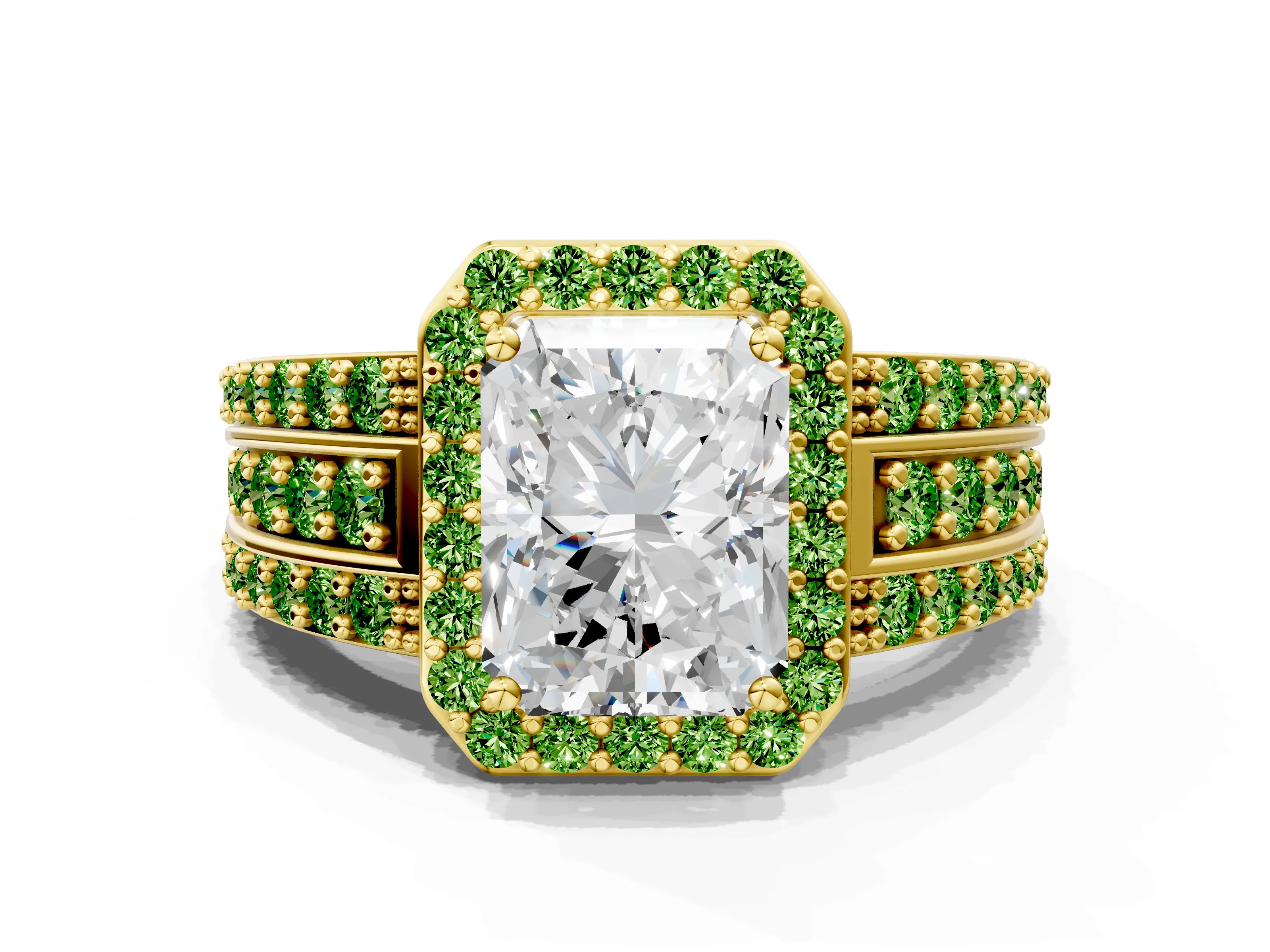 Yellow gold Radiant Cut Halo Diamond Ring with Round with Peridot side stone Split Shank and Prong Setting