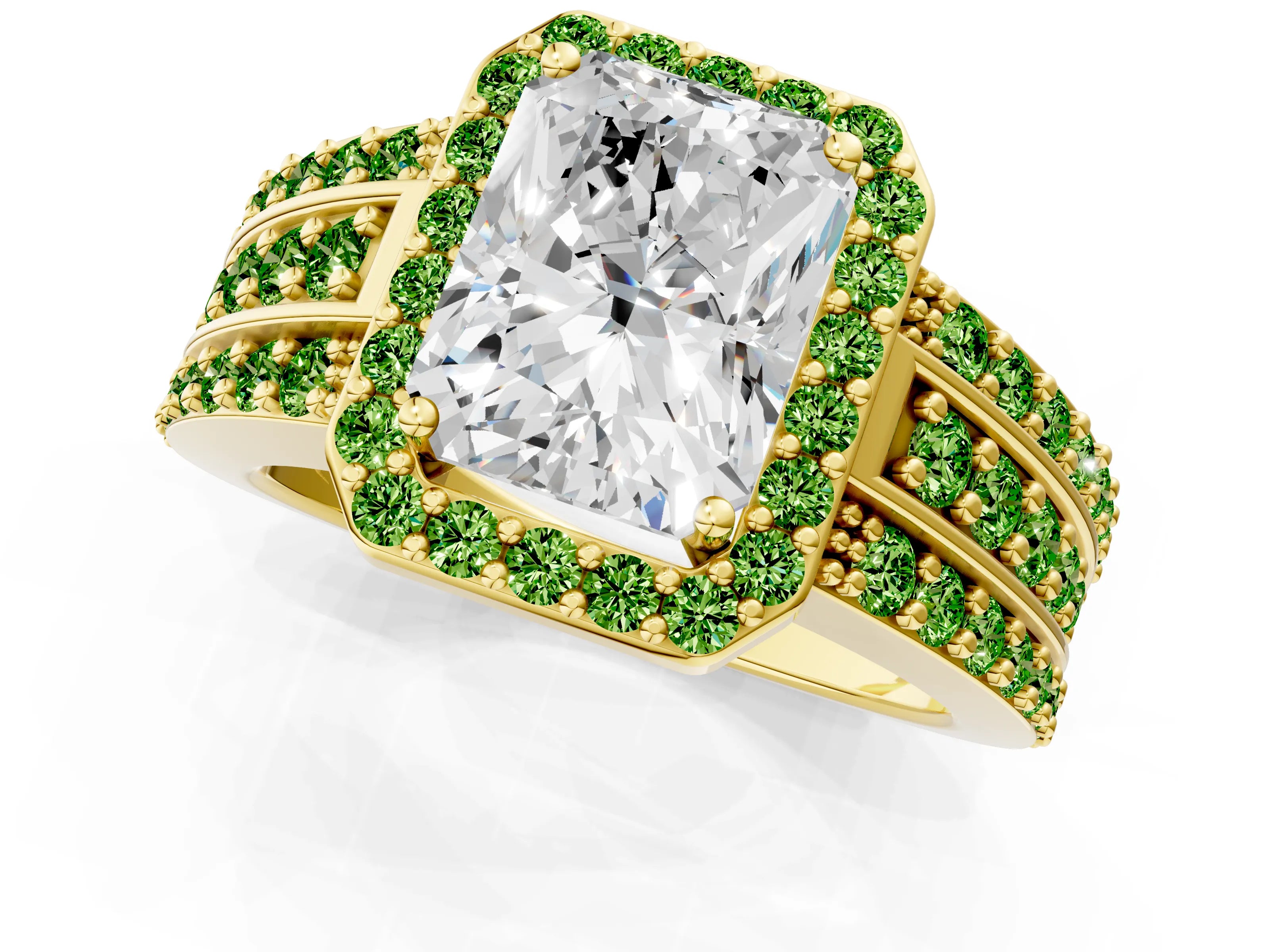 Yellow gold Radiant Cut Halo Diamond Ring with Round with Peridot side stone Split Shank and Prong Setting_1