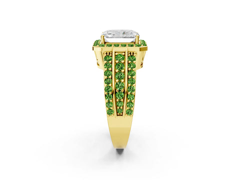 Yellow gold Radiant Cut Halo Diamond Ring with Round with Peridot side stone Split Shank and Prong Setting_2
