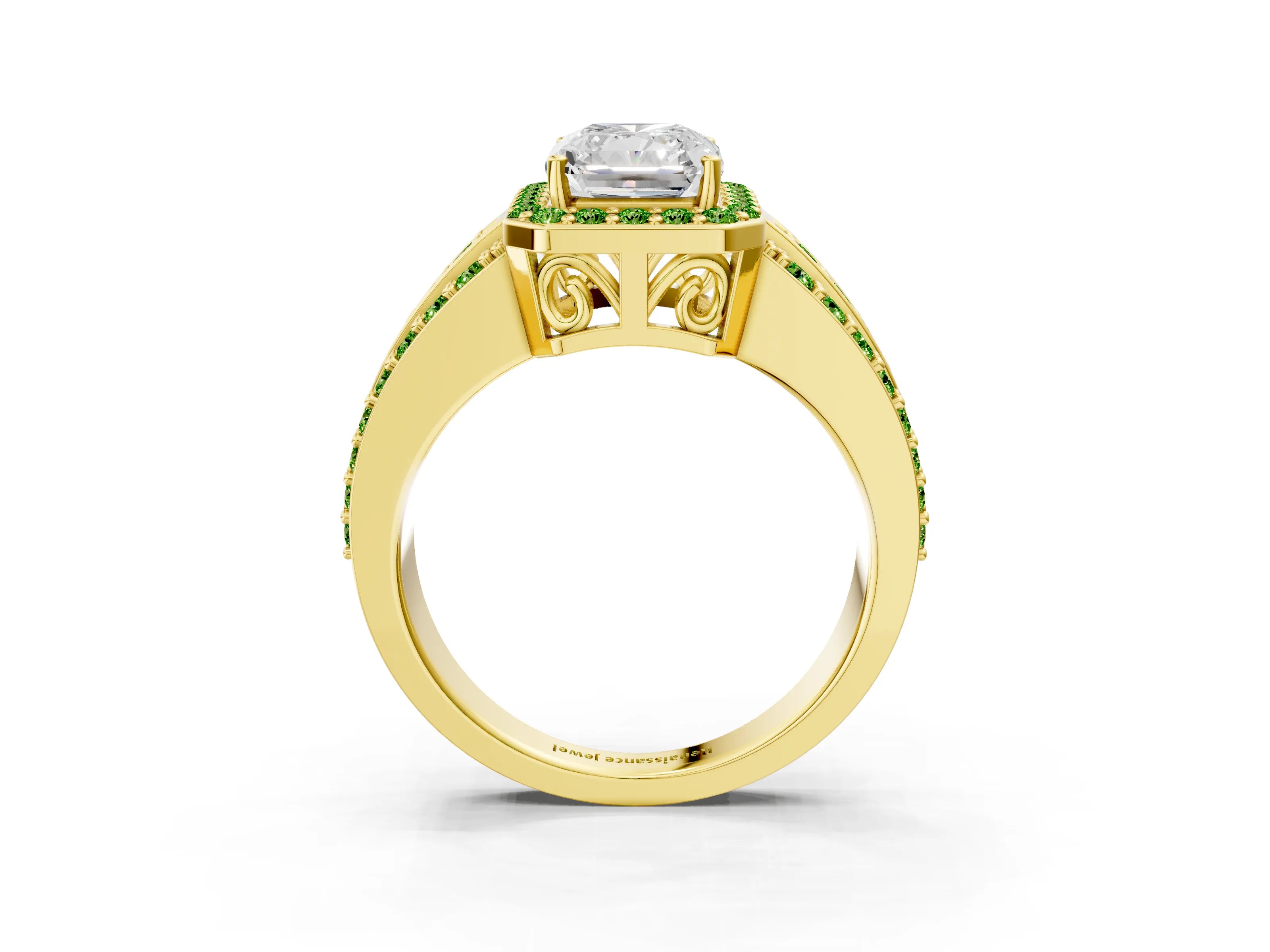 Yellow gold Radiant Cut Halo Diamond Ring with Round with Peridot side stone Split Shank and Prong Setting_3