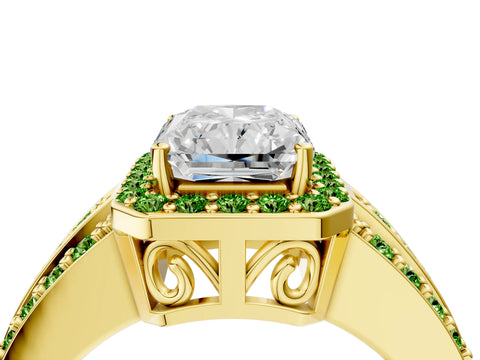 Yellow gold Radiant Cut Halo Diamond Ring with Round with Peridot side stone Split Shank and Prong Setting_4