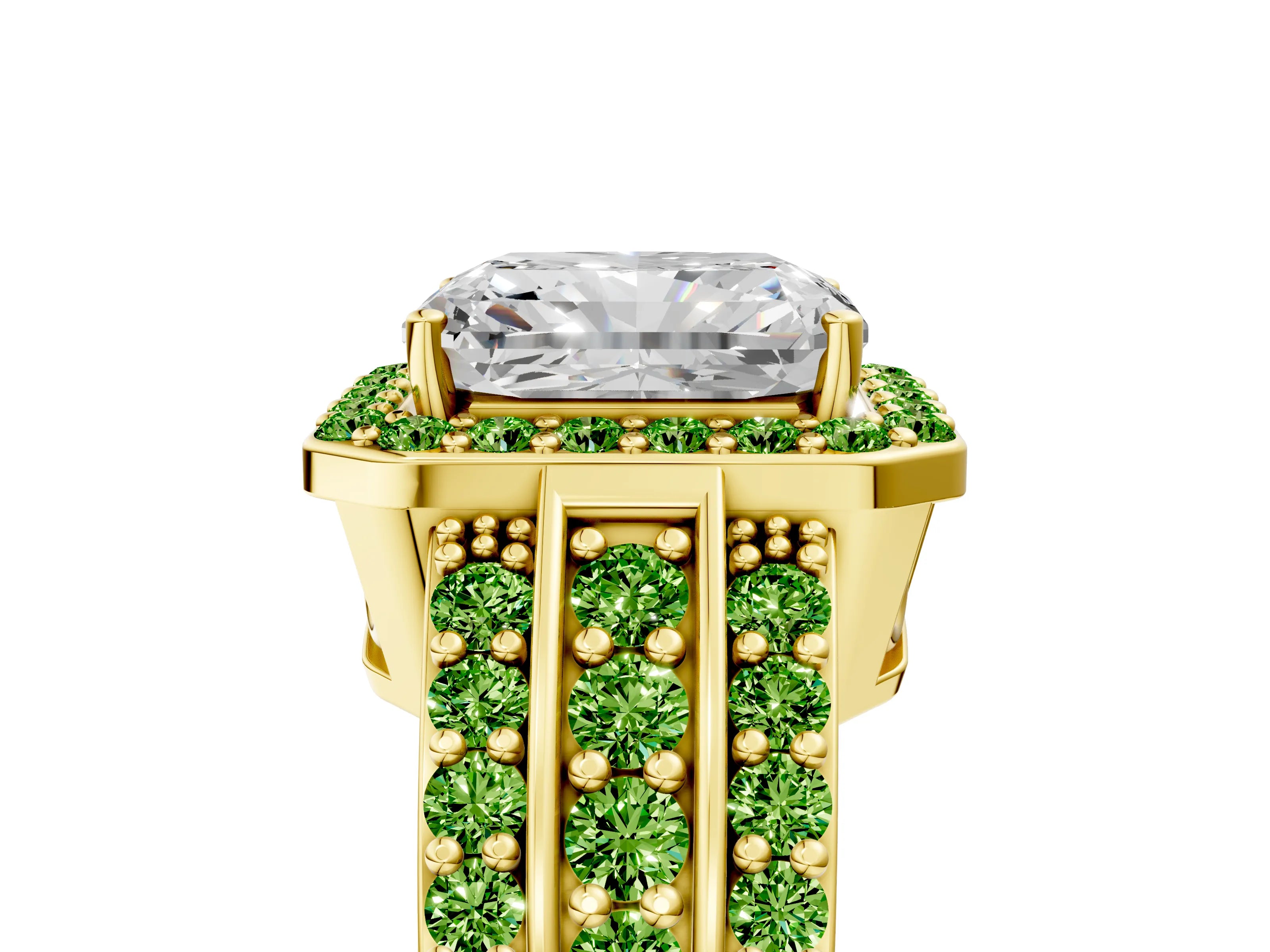 Yellow gold Radiant Cut Halo Diamond Ring with Round with Peridot side stone Split Shank and Prong Setting_5