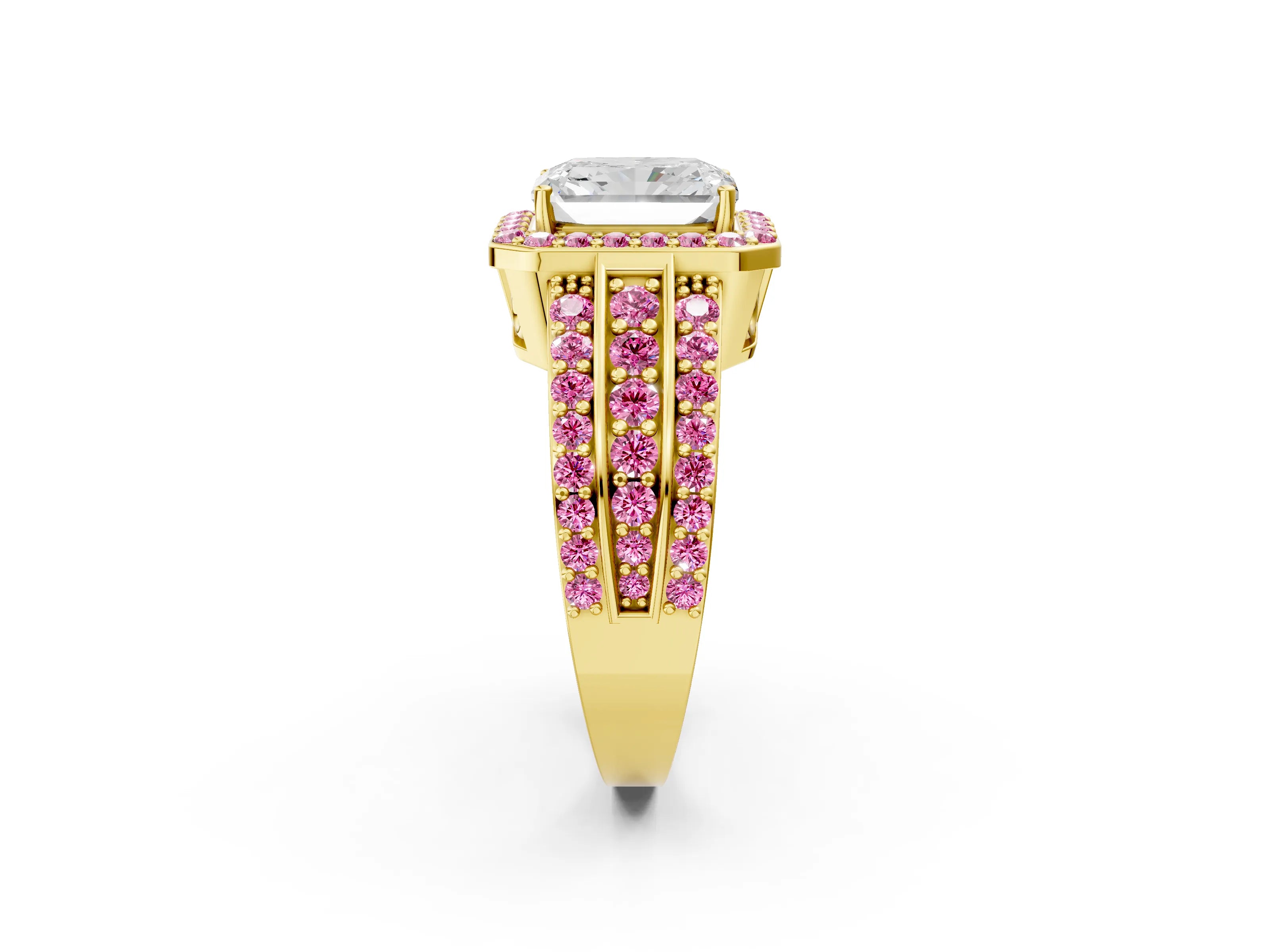 Yellow gold Radiant Cut Halo Diamond Ring with Round with Pink Sapphire side stone Split Shank and Prong Setting_2