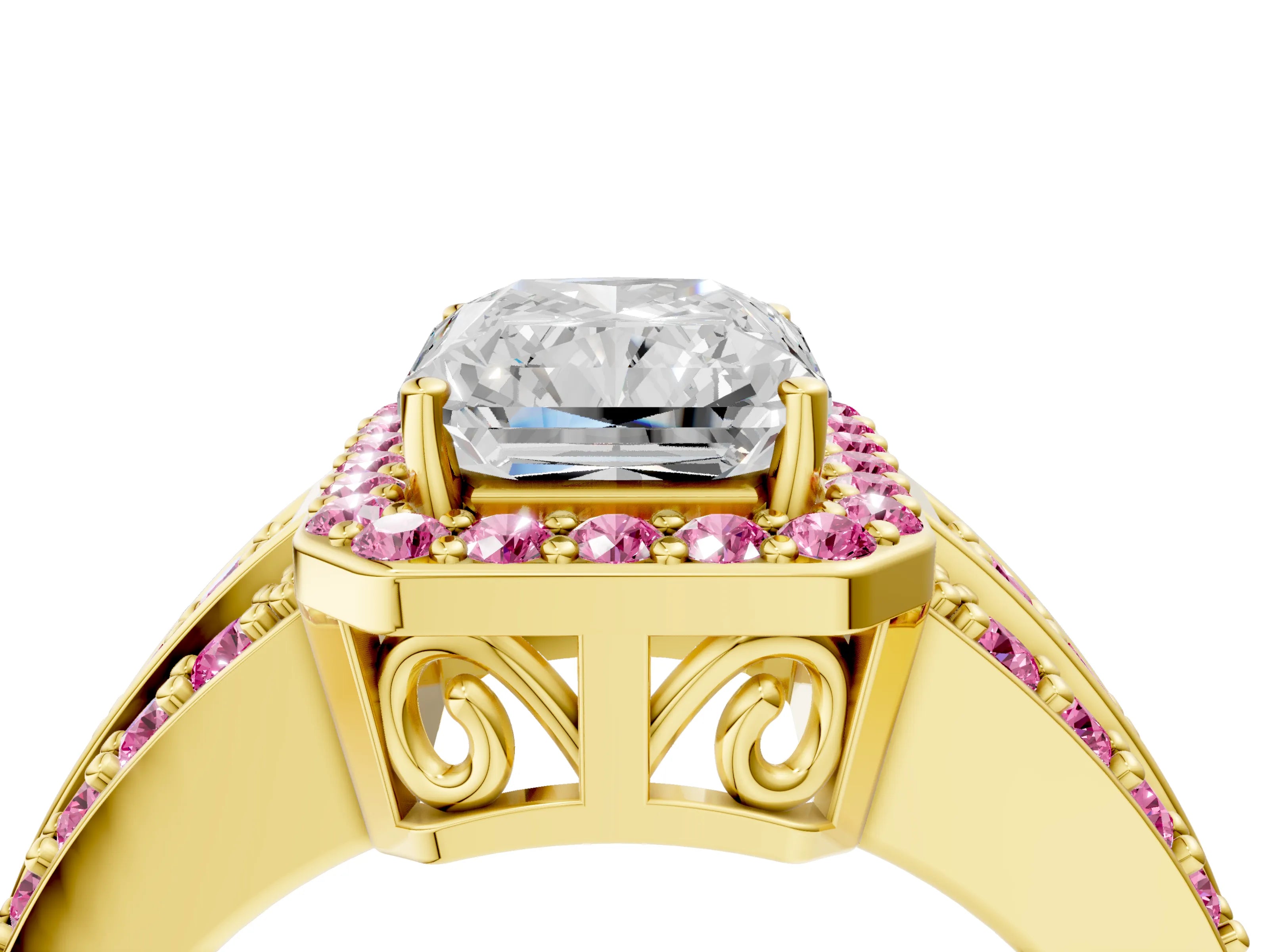 Yellow gold Radiant Cut Halo Diamond Ring with Round with Pink Sapphire side stone Split Shank and Prong Setting_4