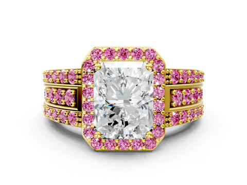 Yellow gold Radiant Cut Halo Diamond Ring with Round with Pink Sapphire side stone Split Shank and Prong Setting