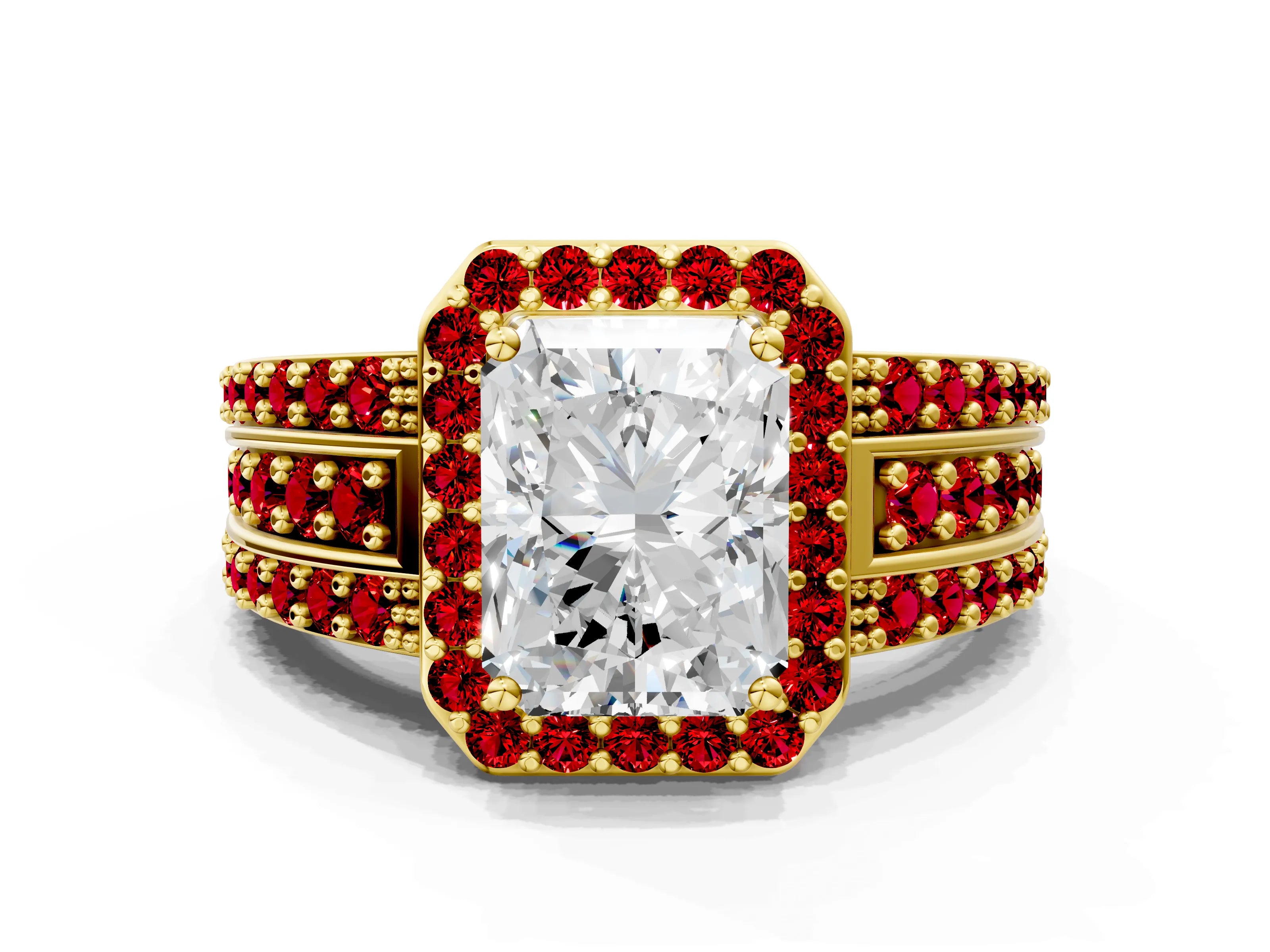 Yellow gold Radiant Cut Halo Diamond Ring with Round with Ruby side stone Split Shank and Prong Setting
