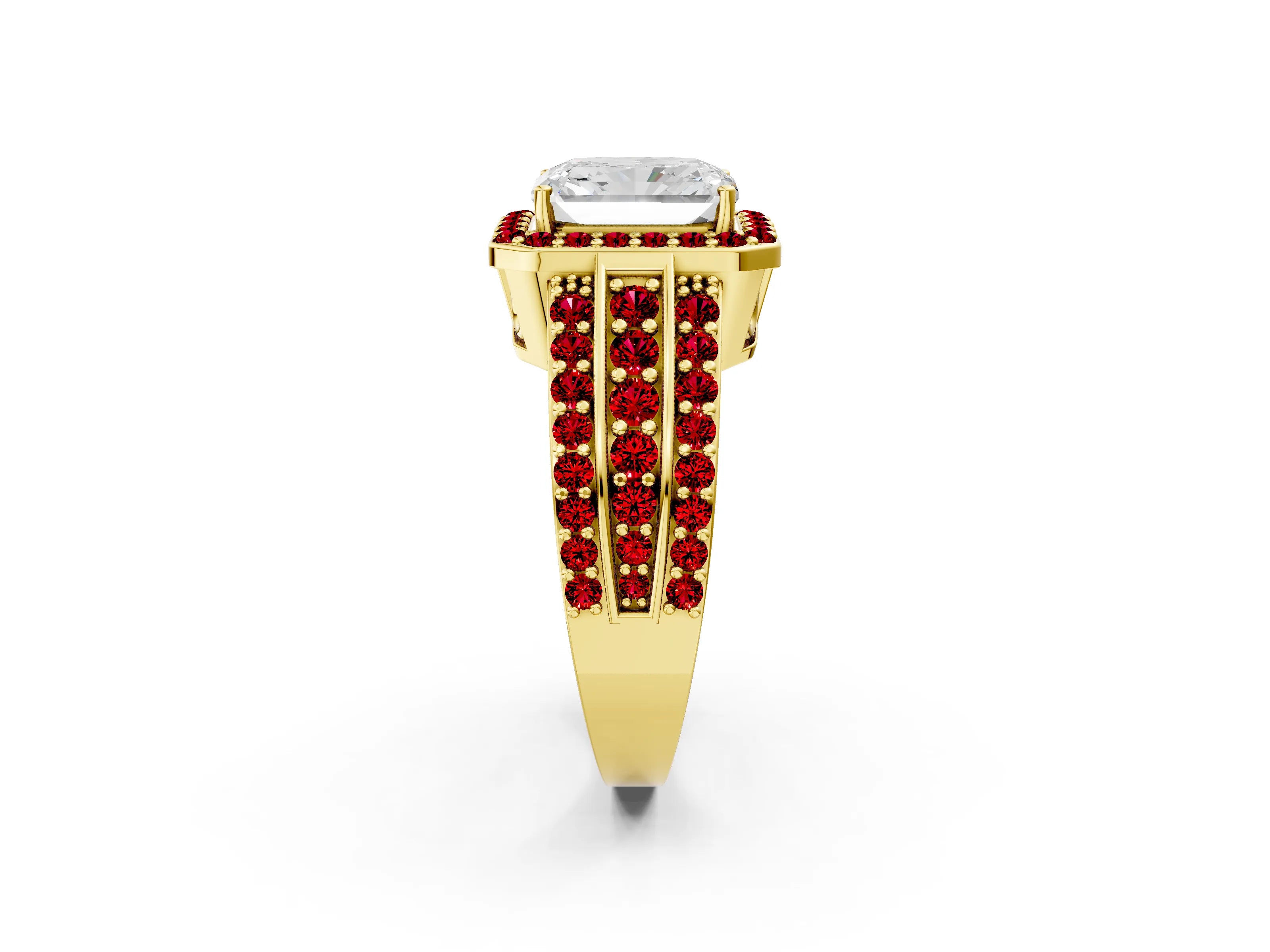 Yellow gold Radiant Cut Halo Diamond Ring with Round with Ruby side stone Split Shank and Prong Setting_2