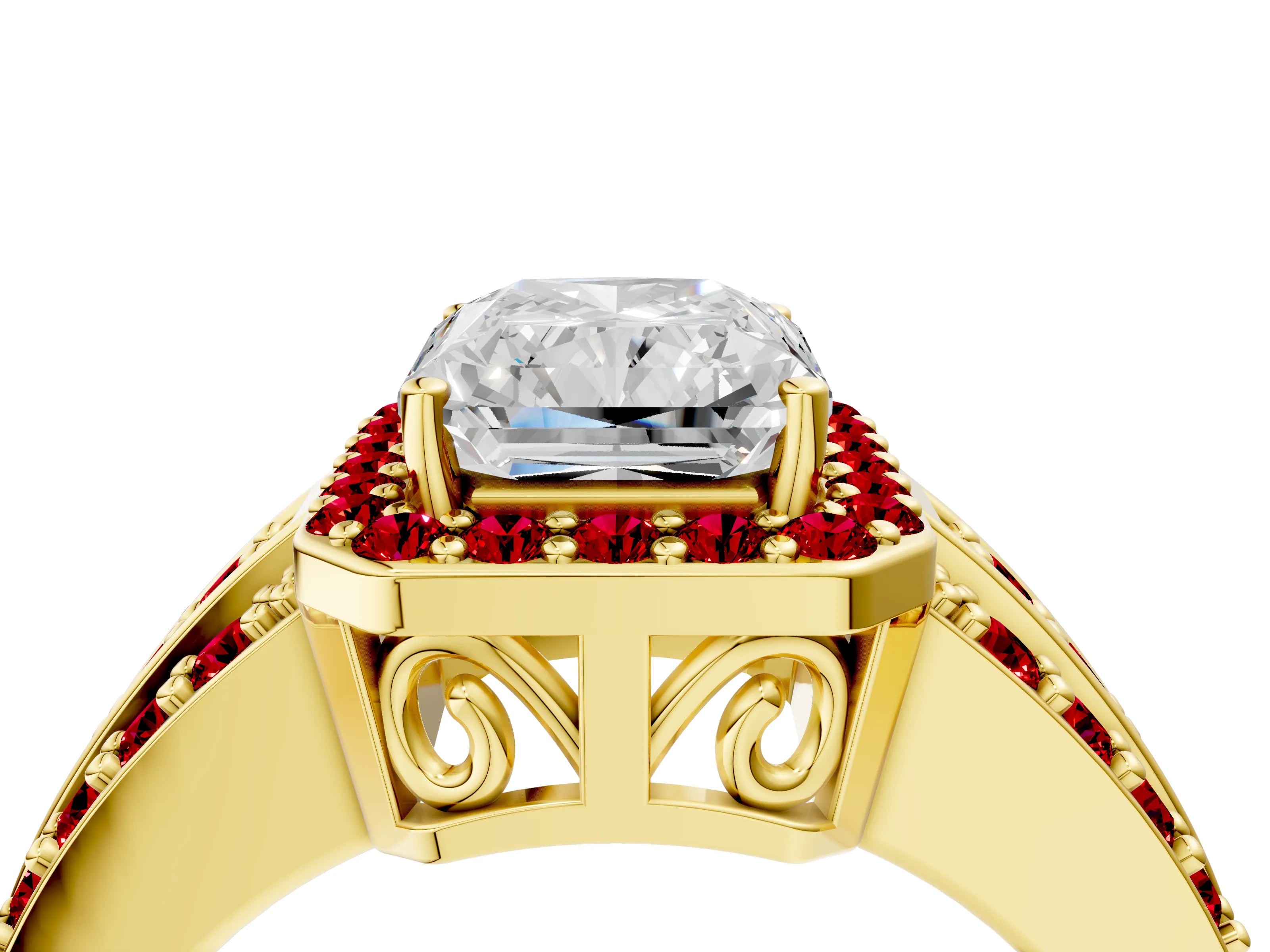 Yellow gold Radiant Cut Halo Diamond Ring with Round with Ruby side stone Split Shank and Prong Setting_4