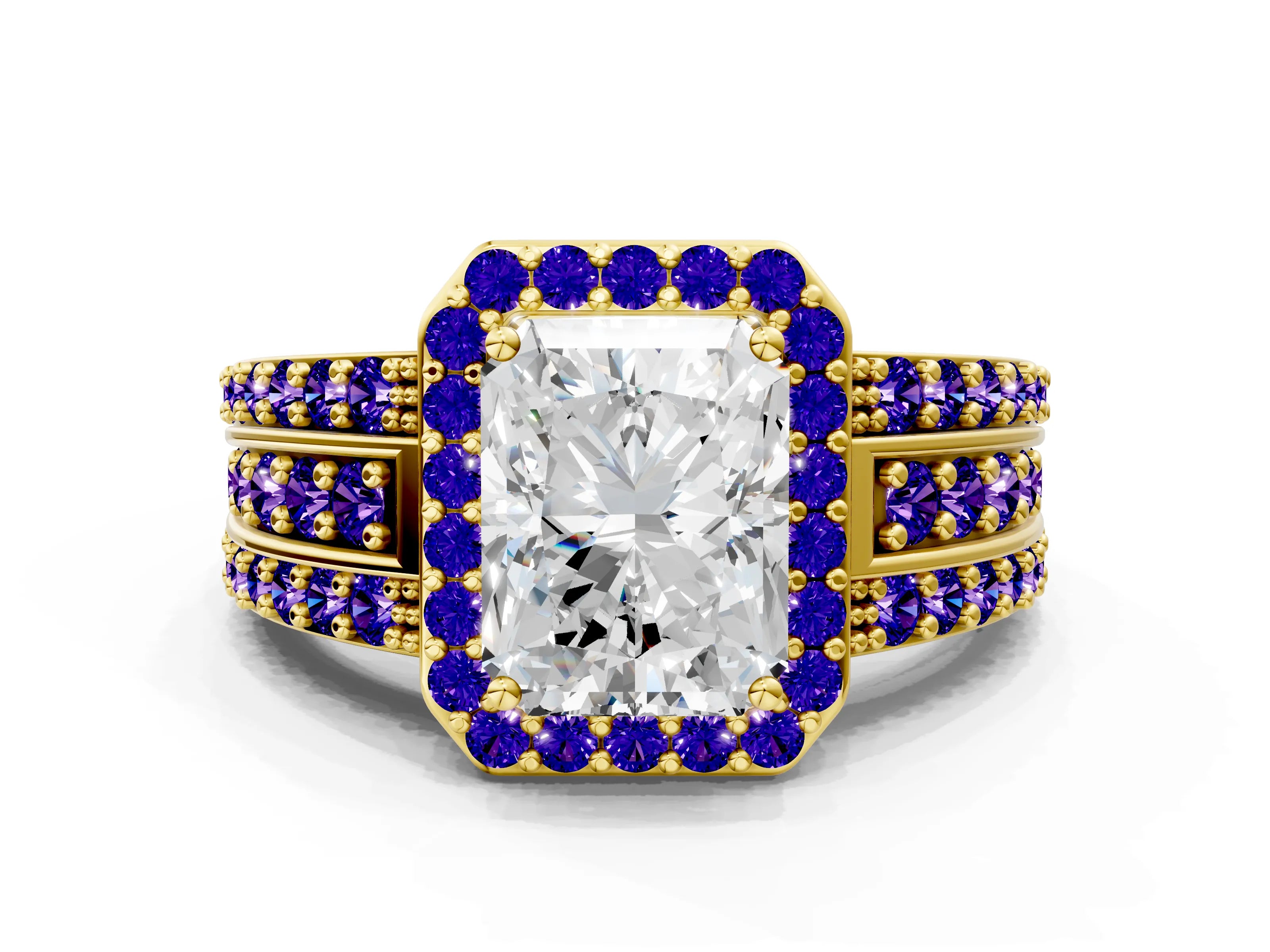 Yellow gold Radiant Cut Halo Diamond Ring with Round with Tanzanite side stone Split Shank and Prong Setting