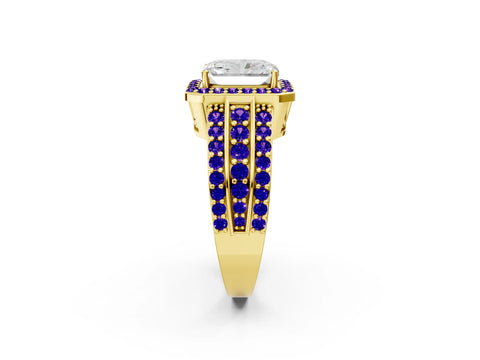 Yellow gold Radiant Cut Halo Diamond Ring with Round with Tanzanite side stone Split Shank and Prong Setting_2