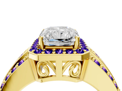 Yellow gold Radiant Cut Halo Diamond Ring with Round with Tanzanite side stone Split Shank and Prong Setting_4